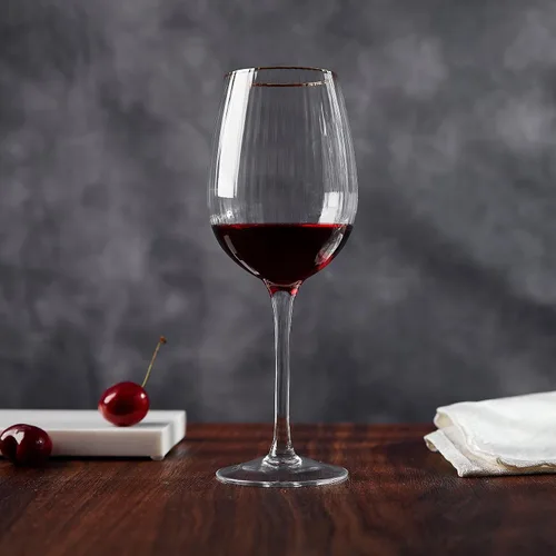 Miniatura 2 de Royalrose Juego de 4 copas de vino alegres de alta calidad, vasos soplados a mano de 14.2 onzas con borde dorado, diseño estriado, elegante embalaje