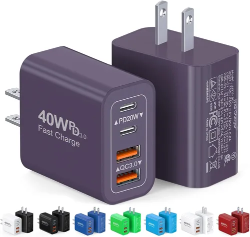 Miniatura 9 de [Paquete de 2/40W] Bloque de cargador de pared USB C de 4 puertos, cubo de carga rápida de ladrillo de alimentación tipo C Power Delivery, enchufe