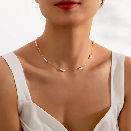 Miniatura 4 de TOBENY Collar de perlas para mujer, chapado en oro de 14 quilates, hecho a mano, gargantilla de perlas blancas, delicada, pequeña, pequeña, cadena