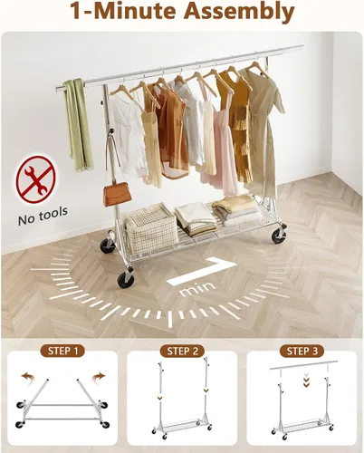 Miniatura 2 de Hoctieon Perchero de montaje de 1 minuto, 480 libras, percheros de ropa rodantes resistentes con ruedas, perchero plegable para ropa, barra Plata