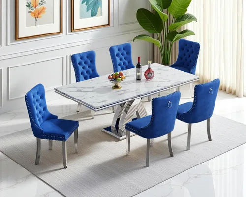 Miniatura 25 de Moderno juego de mesa de comedor de mármol sintético de 68.11 pulgadas para 6, mesa de comedor de mármol blanco y plateado con 6 sillas de Blanco