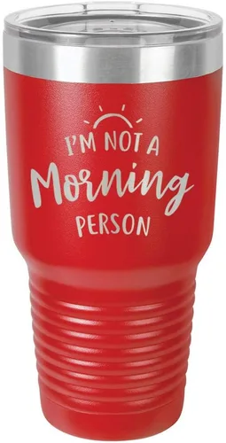 Miniatura 18 de Vaso negro de 30 onzas con popote y tapa superior deslizante con texto en inglés "I'M NOT A MORNING PERSON", color negro