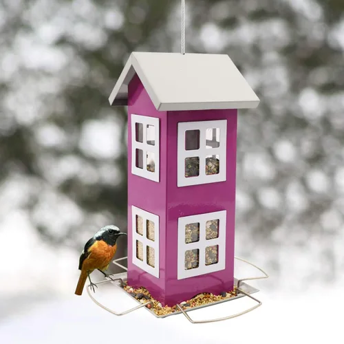 Miniatura 7 de Goodeco Comedero de metal para pájaros para decoración de jardín, comederos para colgar al aire libre, diseño de casa de campo, a prueba de Púrpura