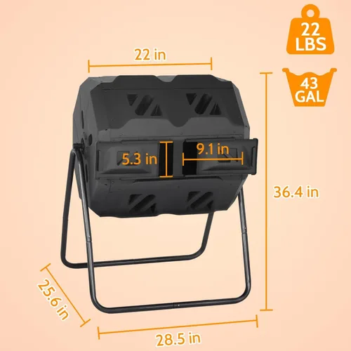 Miniatura 7 de Compostador de doble cámara para exteriores, cubo de compost de 43 galones, cubo de basura de compostaje de 360°, compostador sin BPA, giratorio