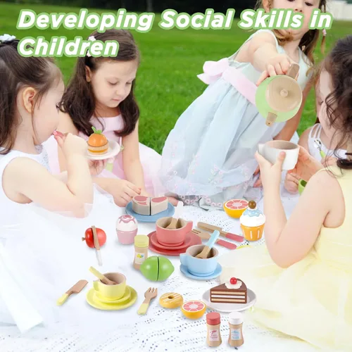 Miniatura 7 de GAGAKU Juego de té de madera y platos de madera 2 en 1, juego de comida de juguete 28 piezas Montessori Play Accesorios de cocina para niños