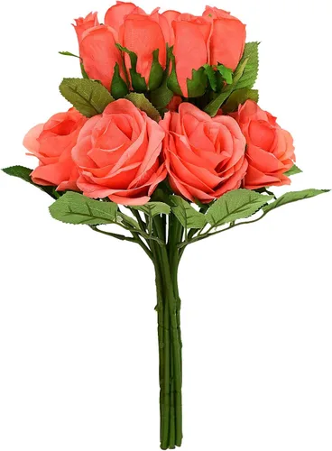 Flores artificiales/falsas/sintéticas, rosas con 2 flores, coral, 10 unidades para bodas, hogar, fiestas, restaurantes