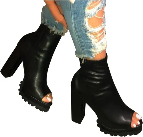Miniatura 3 de Botines de punta abierta para mujer, botines de tacón grueso, tacón de bloque grueso, botines de tacón alto, botines de tacón alto, botines de punta