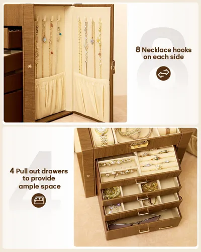 Miniatura 14 de Homde Regalos de Navidad de cuero sintético, enorme joyero, organizador de reloj con espejo, collar, anillo y aretes, estuche de regalo con Dorado