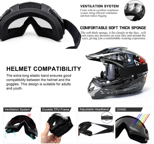 Miniatura 4 de FMY Gafas de motocross para hombres, mujeres y jóvenes, antiarañazos, a prueba de polvo, UV400 ATV Lente negro-transparente