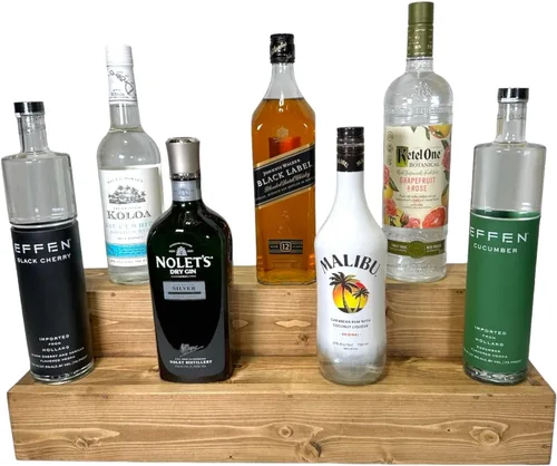 Estante escalonado para botellas | Expositor de botellas de licor de 2 niveles | Organización de bar | Estante de encimera de cocina (Early American)