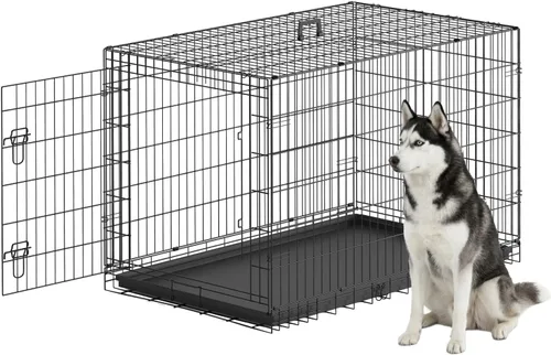 Miniatura 45 de FDW Jaula para perros con doble puerta, jaula plegable de alambre de metal de 36 pulgadas con bandeja extraíble y panel divisor, jaula para mascotas