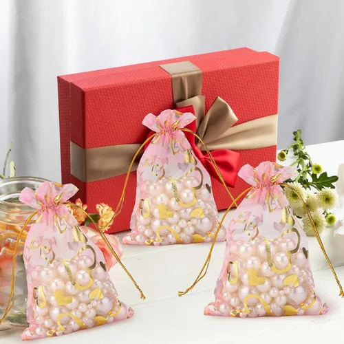 Miniatura 6 de G2PLUS - Bolsas de organza de corazón, 50 bolsas de regalo con cordón transparente de 4 x 6 pulgadas Pink Mesh Bags with Gold Foil Hearts for