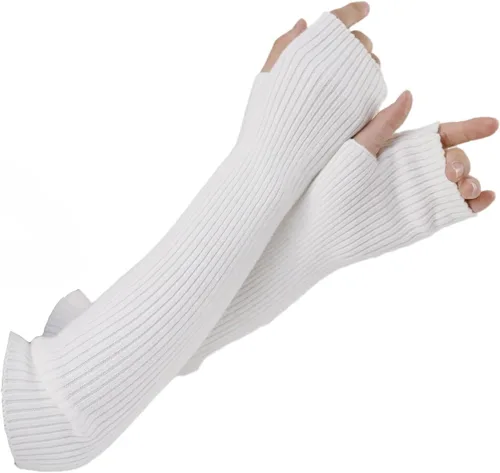 Miniatura 38 de Facecozy Calentadores de brazos para mujer, mezcla de lana de cachemira, guantes largos sin dedos para mujer, guantes para clima frío con agujero