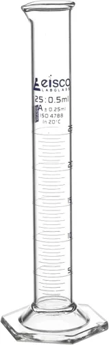 Cilindro graduado, 0.8 fl oz - Tolerancia Clase A ±0.0.8 fl oz - Base hexagonal - Graduaciones azules - Vidrio de borosilicato 3.3 - Eisco Labs