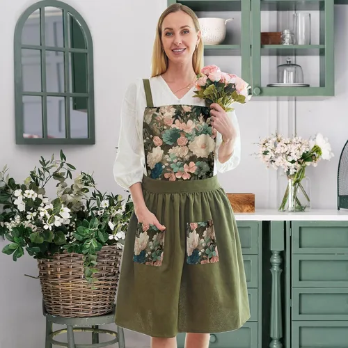 Miniatura 7 de Delantal Vintage Lindo para Mujer con Bolsillos, Delantal con Espalda Cruzada para Cocinar, Hornear, Cocina, Jardinería Verde oliva
