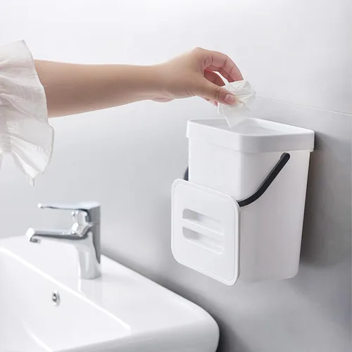 Miniatura 5 de Domiella Paquete de 2 botes de basura pequeños colgantes con tapa (1.3 + 0.8 galones), contenedor de compost de cocina para encimera o debajo