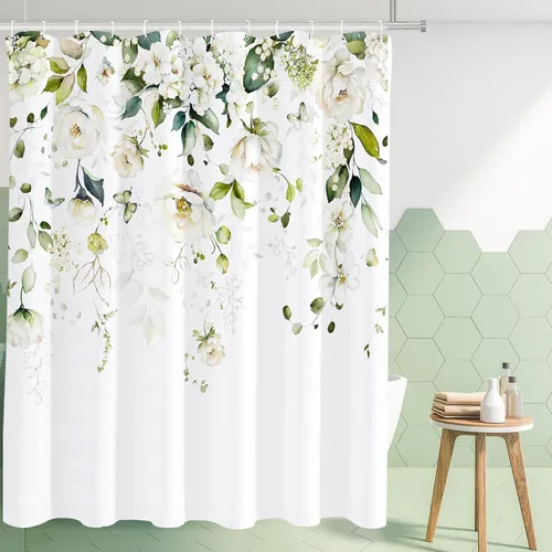 Tititex Blomming - Cortina de ducha floral blanca brillante, hojas verdes acuarela en la parte superior, decoración de baño de planta, juegos de