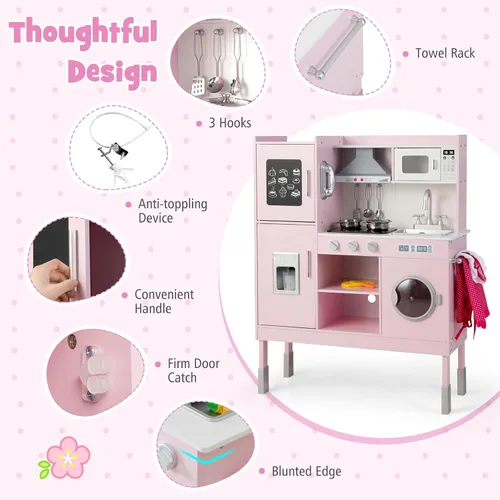 Miniatura 3 de HONEY JOY Juego de cocina para niños, cocina de madera para niños pequeños, microondas, utensilios de cocina, lavadora, campana extractora, pizarra