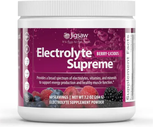 Suplemento Jigsaw Health Electrolyte Supreme, delicioso sabor a bayas, amplio espectro de electrolitos + oligoelementos, 60 paquetes de polvo, 1