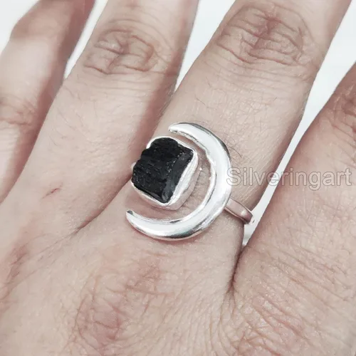 Miniatura 4 de Anillo de turmalina negra natural, anillo ajustable de luna creciente de turmalina áspera, octubre, plata de ley 925, anillo para mujer, Navidad