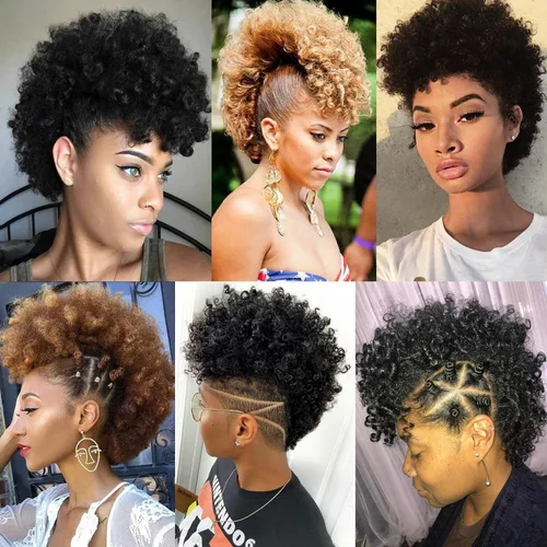 Miniatura 5 de UA Jerry Curls Mohawk - Cola de caballo sin cordón con flequillo, sintético, corto, afro, rizado, 6 clips BB (2#, negro natural)
