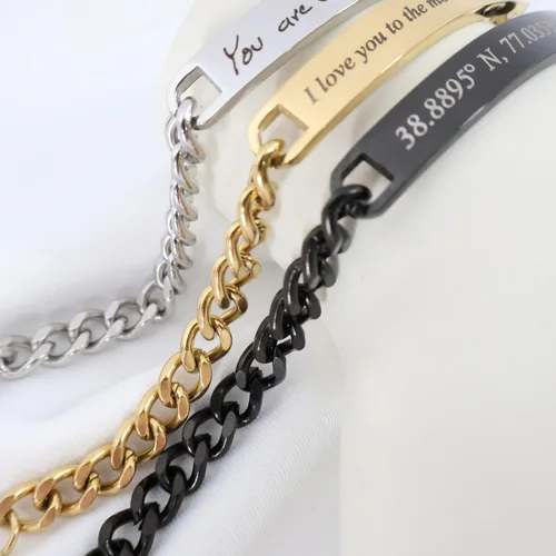Miniatura 5 de Pulsera Grabada Personalizada con Escritura a Mano Personalizada o Texto Mecanografiado Pulsera de Cadena Bordillo de Acero Inoxidable en Acabado