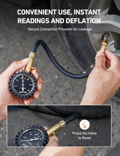 Miniatura 4 de AstroAI Medidor de presión de neumáticos para automóviles con dial grande de 2 pulgadas, latón macizo con manguera de goma, válvula de purga