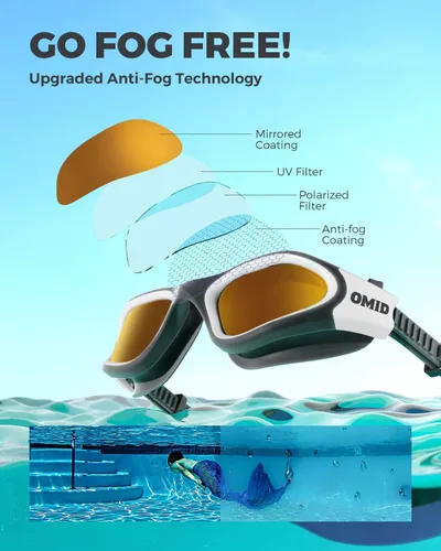 Miniatura 4 de OMID - Gafas de natación polarizadas P2, gafas antivaho para natación para hombres y mujeres adultas B8- Lente de café con marco blanco y negro