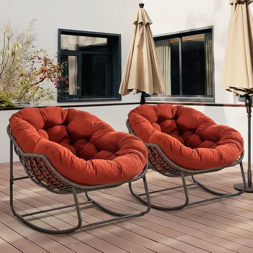 Miniatura 14 de HOMEFUN Juego de 2 mecedoras para patio al aire libre, sillas Papasan Rock de gran tamaño para interiores con cojín acolchado, asiento de huevo