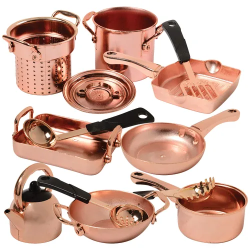 Juego de 13 piezas de utensilios de cocina de plástico con aspecto de cobre para juego de cocina simulado para niños de 3 años en adelante