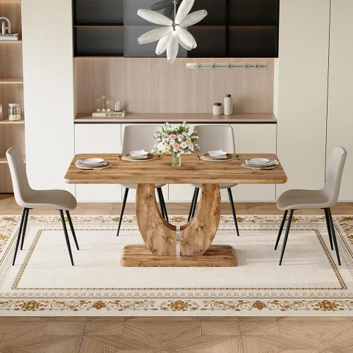Miniatura 12 de Juego de mesa de comedor moderno para 4, mesa de cocina de madera de 63 pulgadas con 4 sillas tapizadas de gamuza de tela, estilo granja con parte