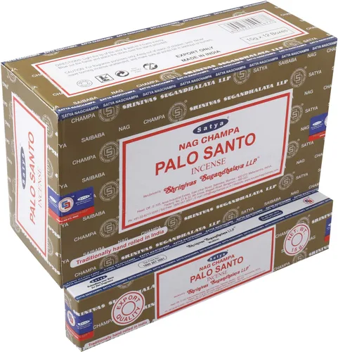 Satya Nag Champa - Palitos de incienso Palo Santo | 12 paquetes X 0.53 oz | Caja de 6.35 oz | Calidad de exportación