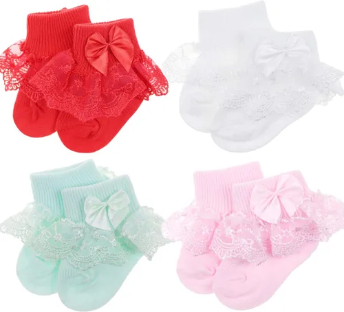 BQUBO - Calcetines de encaje con ojales y volantes, calcetines de encaje para recién nacidobebéniños pequeños con volantes de verano