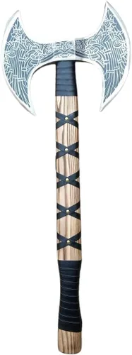 Hacha vikinga de doble cabeza forjada a mano – Hacha de batalla de acero al carbono Odin de 27 pulgadas con mango de madera envuelto en cuero –