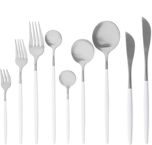 Miniatura 8 de Cubiertos de plata blanca pulida mate, diseño ligero, 36 piezas de acero inoxidable, juego de cubiertos de servicio para 6, incluyendo tenedores