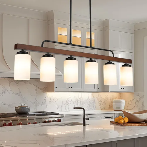 Miniatura 12 de Lámpara de Comedor Estilo Granja Sobre Mesa, Iluminación de Isla de Cocina de Madera Negra de 4 Luces con Vidrio Blanco Leche, Luces Colgantes
