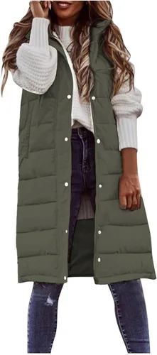 Miniatura 26 de Chaleco largo para mujer, sin mangas, acolchado, con cremallera, capucha, abrigo de invierno cálido, ligero, con bolsillos