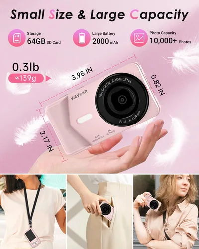 Miniatura 5 de Cámara digital 4K, cámara digital Wevoor de 64MP para apuntar y disparar con enfoque automático, zoom 18X, 20 filtros, tarjeta SD de 64 GB, batería
