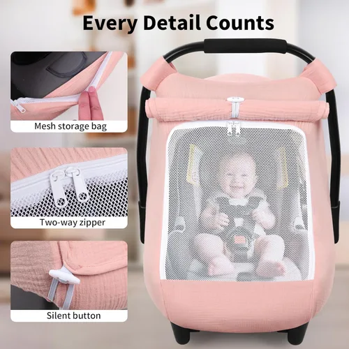 Miniatura 4 de Rquite Funda de asiento de automóvil para bebé, fundas de asiento de automóvil para niña y niño, algodón muselina transpirable, ventana de malla Rosa