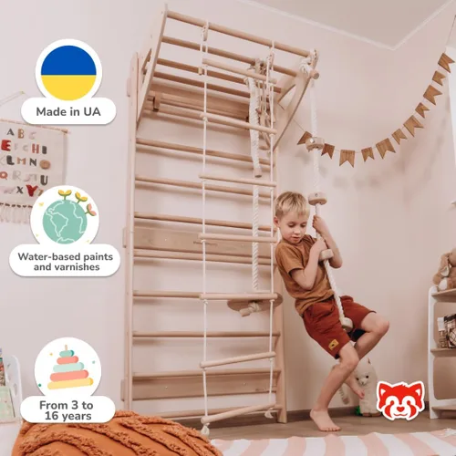 Miniatura 4 de Woodandhearts - Escalera sueca ajustable para juego activo en interiores con escalera de cuerda, anillos de gimnasia, cuerda de columpio y escalada