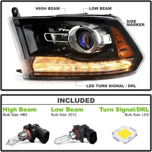 Miniatura 2 de ACANII - Para [modelo de estilo proyector] 2013-2018 Dodge Ram 1500 2500 3500 Faros delanteros negros montaje izquierdo+derecho