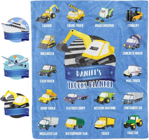 Artsadd Mantas personalizadas con nombre y diseño de transporte para bebé niño de 30 x 40 pulgadas, manta personalizada de camión con nombre para
