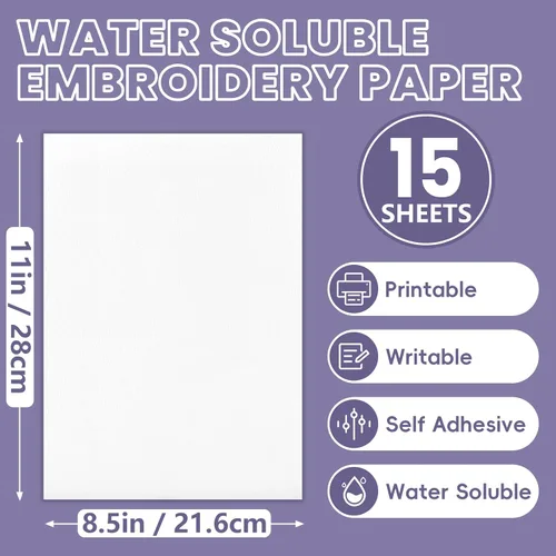 Miniatura 2 de 15PCS estabilizador soluble en agua de 8.5" x 11" para bordado, papel de bordado pegar y coser que se lava, estabilizador de bordado, patrones