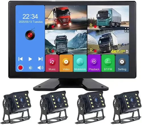 Sistema de cámara de respaldo 4K RV, monitor de pantalla táctil de 10.1 pulgadas con 4 cámaras de visión nocturna 1080P, reproducción de video USB