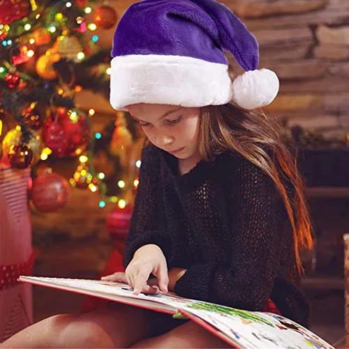 Miniatura 2 de Sombrero de Navidad de Papá Noel morado de felpa para adultos, sombrero de Navidad de terciopelo morado de felpa para mujeres y hombres, suministros