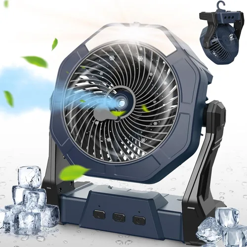 Miniatura 13 de Ausic Ventilador de camping portátil de niebla, ventilador de enfriamiento al aire libre de 8 pulgadas con luz LED, espray de agua, gancho