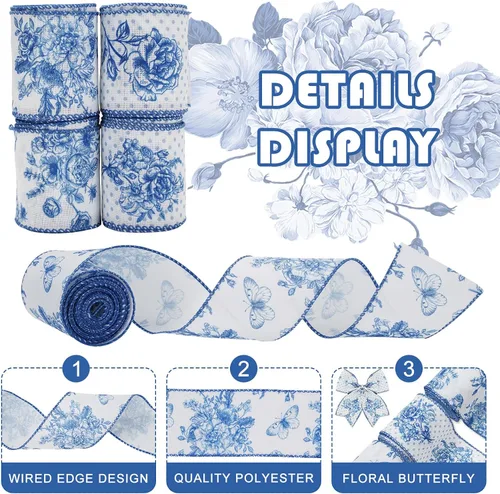 Miniatura 3 de AnyDesign Cinta blanca y azul con borde con alambre, diseño de mariposas y flores, 24 yardas, 2.5 pulgadas, cintas de tela de flores azules