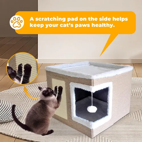 Miniatura 4 de Cama para gatos de interior, casa cubo, cama grande cubierta para gatos, cueva y muebles con bola esponjosa y almohadilla para rascar, nido