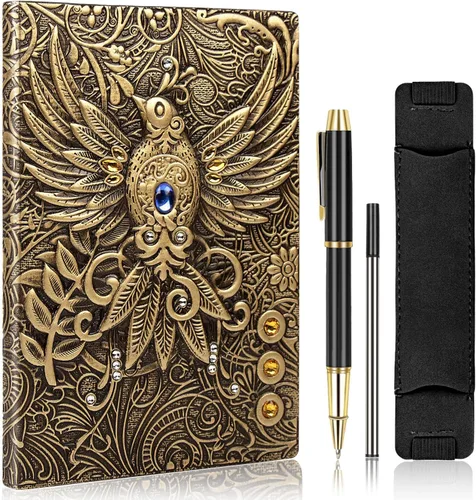 DND Journal - Cuaderno vintage en relieve 3D Phoenix, diario de viaje A5 de cuero antiguo, con bolígrafo negro y funda para bolígrafo, bloc de notas