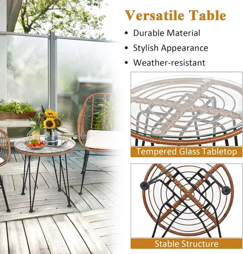 Miniatura 27 de Tangkula - Juego de 3 piezas para conversación en el patio, juego de muebles de mimbre al aire libre con mesa redonda de vidrio templado y 2